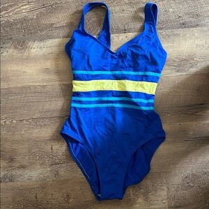 Blue and Yellow ladies One Piece Swimsuit. Built in bra.